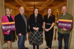 Professor Louise Crowley, School of Law, University College Cork; Dr Jackson Katz, co-founder of Mentors in Violence Prevention programme; DfC Minister, Deirdre Hargey; Dr Jayne Brady, Head of the NI Civil Service; & Graham Goulden, Cultivating Minds UK