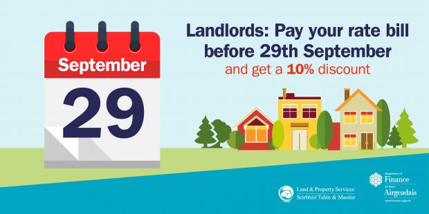 Graphic image to remind landlords to pay rate bills in full by 29 September in order to receive a discount
