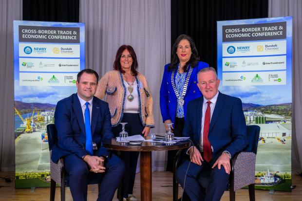L-R Neale Richmond TD, Minister of State for Business, Employment and Retail, Edwina Flynn, President, Newry Chamber, Una McGoey, President, Dundalk Chamber and Economy Minister Conor Murphy.