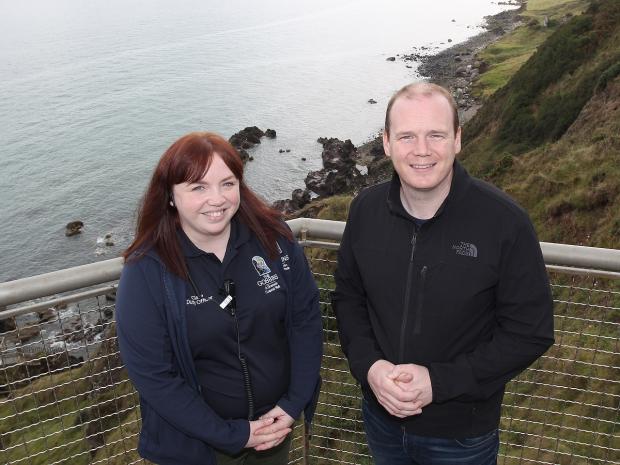 Economy Minister Gordon Lyons with Clare McKitterick, Duty Officer, The Gobbins Cliff Path, Islandmagee. 