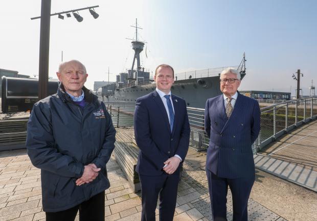 Pictued at HMS Caroline in Belfast are NMRN Chief of Staff and HMS Caroline Project Director Captain John Rees OBE; Economy Minister Gordon Lyons; and NMRN Director General Professor Dominic Tweddle.