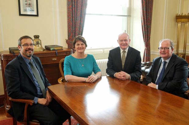 The First Minister and deputy First Minister pictured with Dr Dominic Paul Bryan (joint chair) and Mr Neville Armstrong (joint chair)