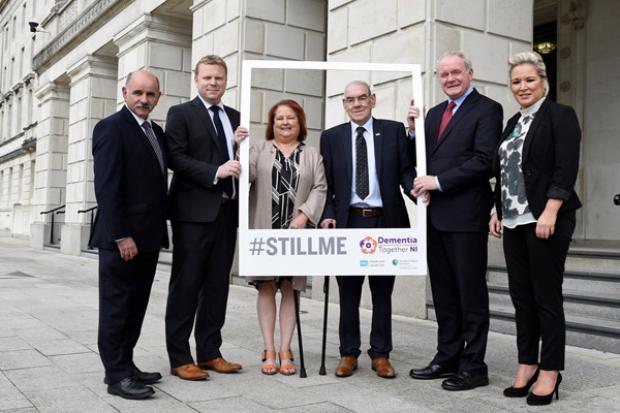 The deputy First Minister, Martin McGuinness, Junior Minister, Alastair Ross & Health Minister, Michelle O’Neill with Robert Wade, Liz Cunningham and Dr Eddie Rooney, Chief Executive of the PHA at the launch of the dementia public information campaign