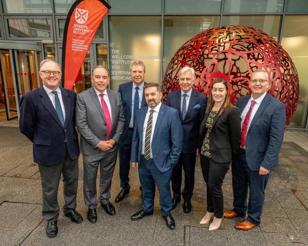 Prof Colin McMahon, UCD and CHI; Prof Frank Casey, Queen’s and UU; Prof Liam Maguire, UU; Minister Robin Swann; Dr Len O’Hagan, Chair of All-Island CHD Network; Samantha Meenaghan, Director of All-Island CHD Network; Prof Victor Gault, UU