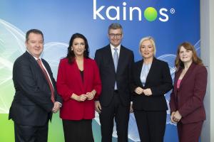 Pictured from left to right: Invest NI CEO Kieran Donoghue; deputy First Minister Emma Little-Pengelly; Kainos CEO Brendan Mooney; First Minister Michelle O’Neill and Economy Minister Dr Caoimhe Archibald.